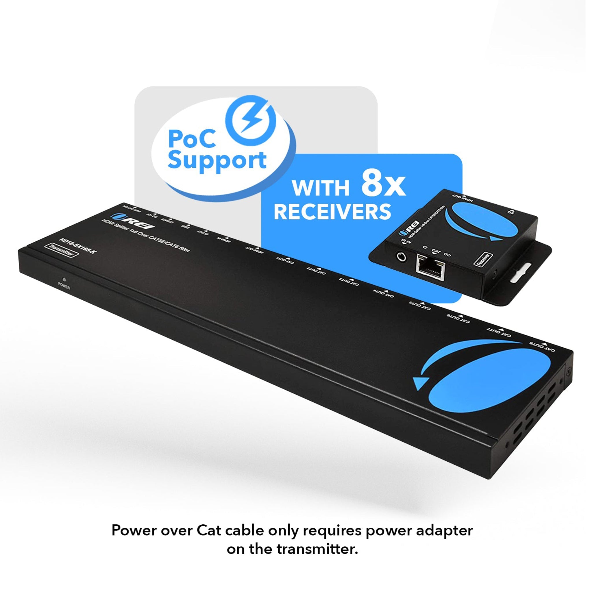 1x8 HDMI Extender Splitter Over CAT6/7 Upto 165 Ft- Loop-out, IR Control & EDID (HD18-EX165-K) - OREI.COM
