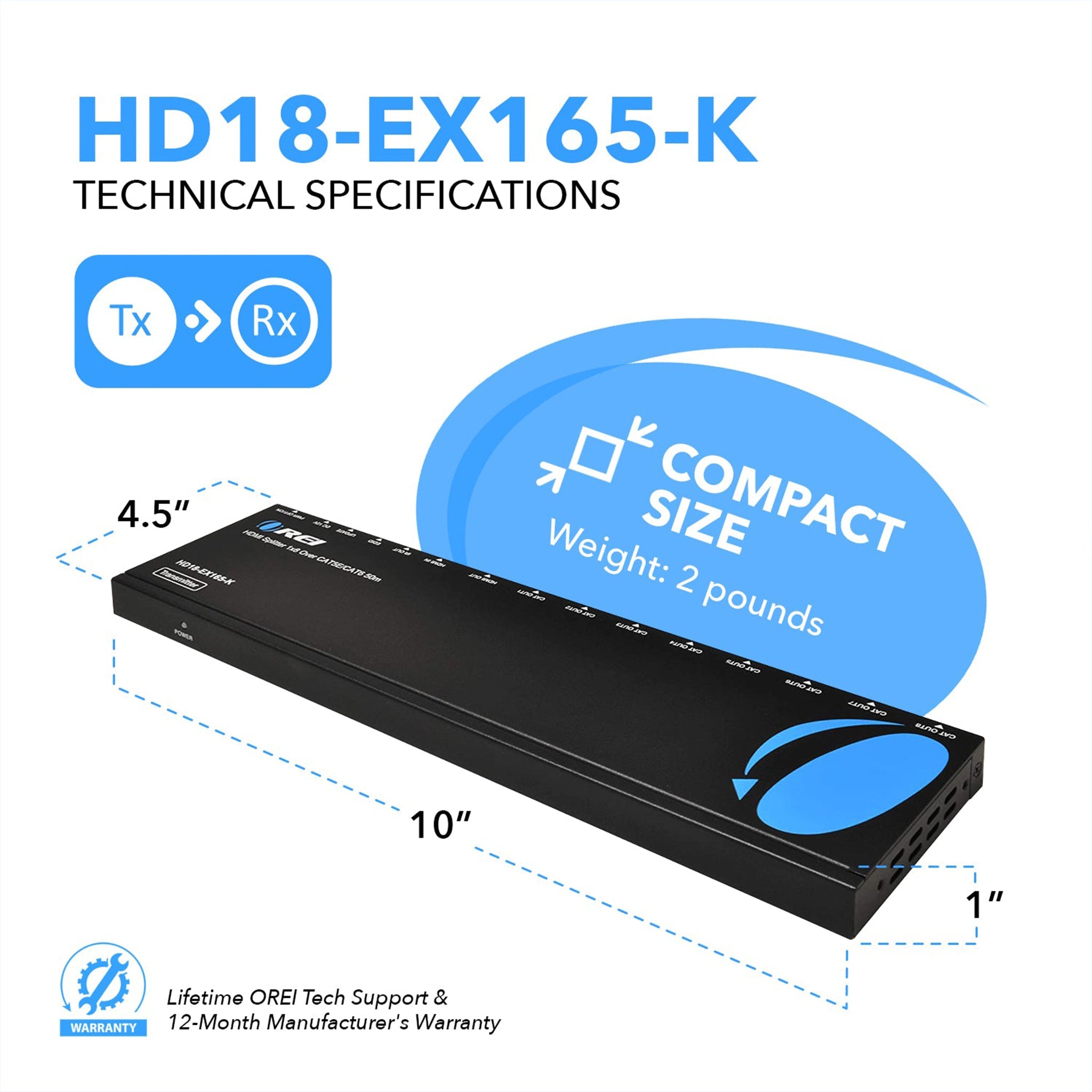 1x8 HDMI Extender Splitter Over CAT6/7 Upto 165 Ft- Loop-out, IR Control & EDID (HD18-EX165-K) - OREI.COM