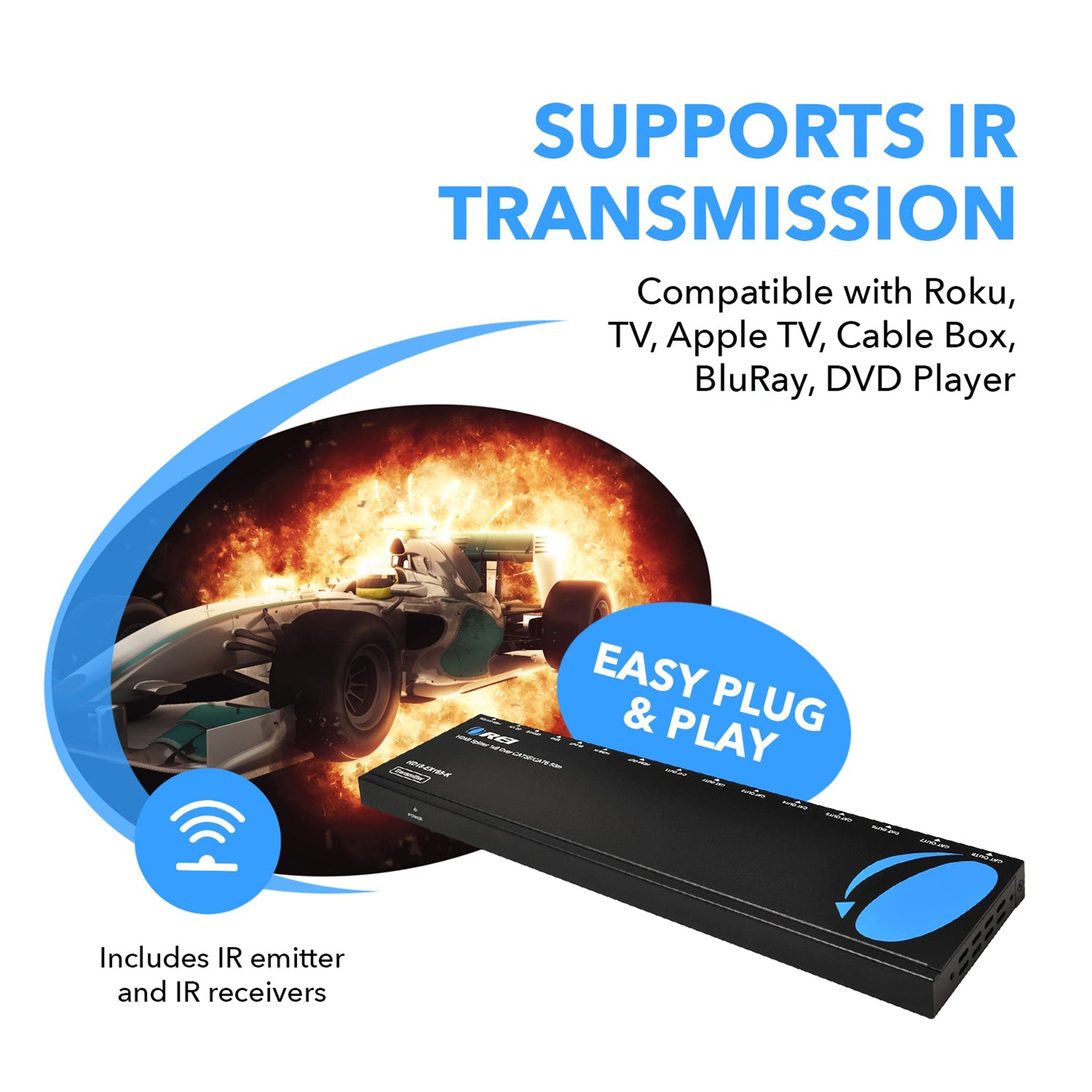 1x8 HDMI Extender Splitter Over CAT6/7 Upto 165 Ft- Loop-out, IR Control & EDID (HD18-EX165-K) - OREI.COM