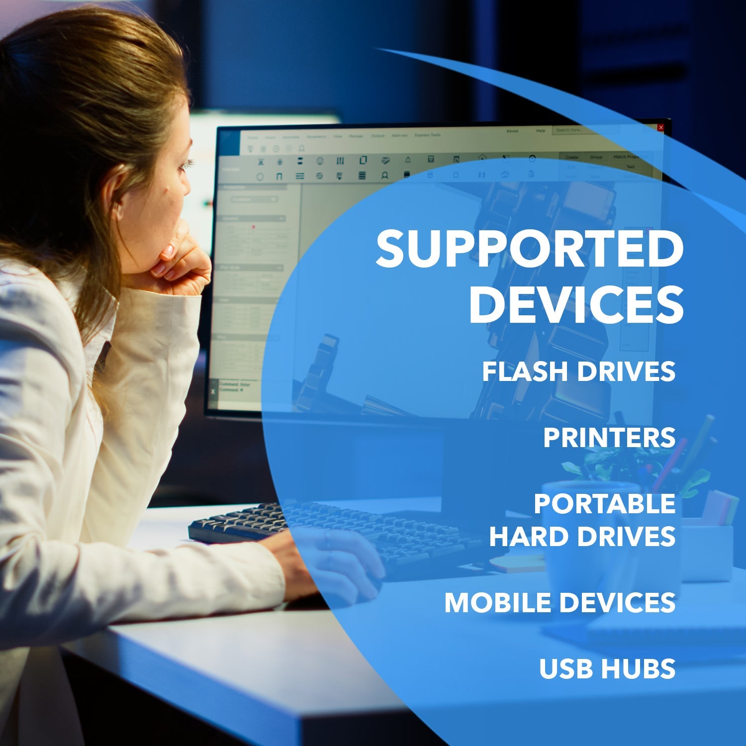 OREI USB 2.0 Extender supported devices for flash drives, printers, portable hard drives, mobile devices, and USB hubs